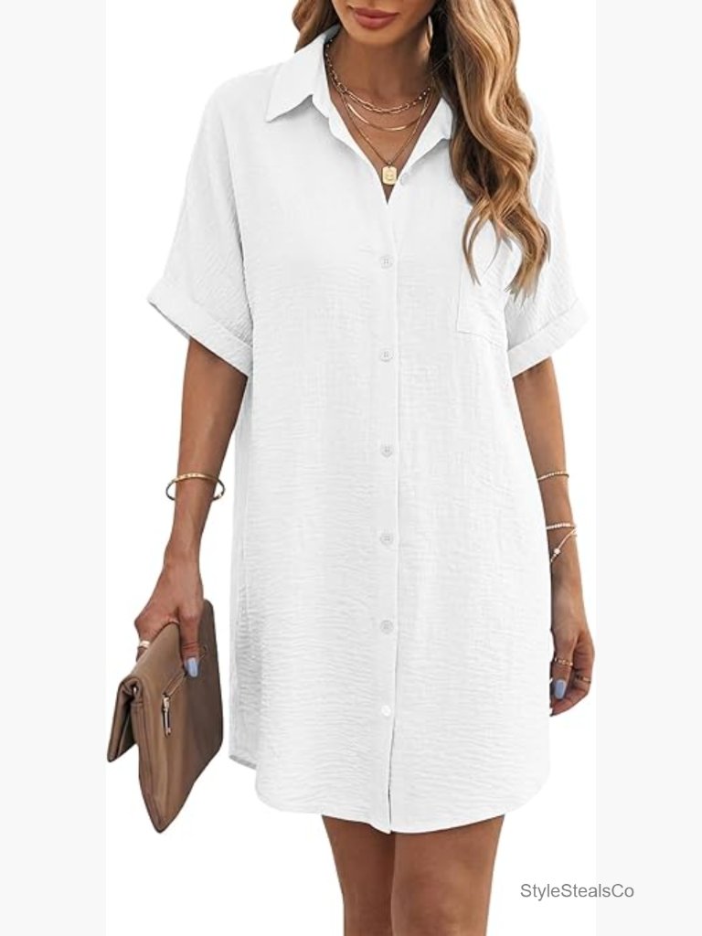 Short Sleeve Button Down Shirt Dress Beach Cover Up Blouse